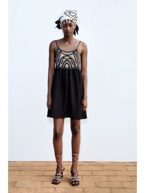 Zara Black Beige Crochet Linen Blend Mini Dress, small